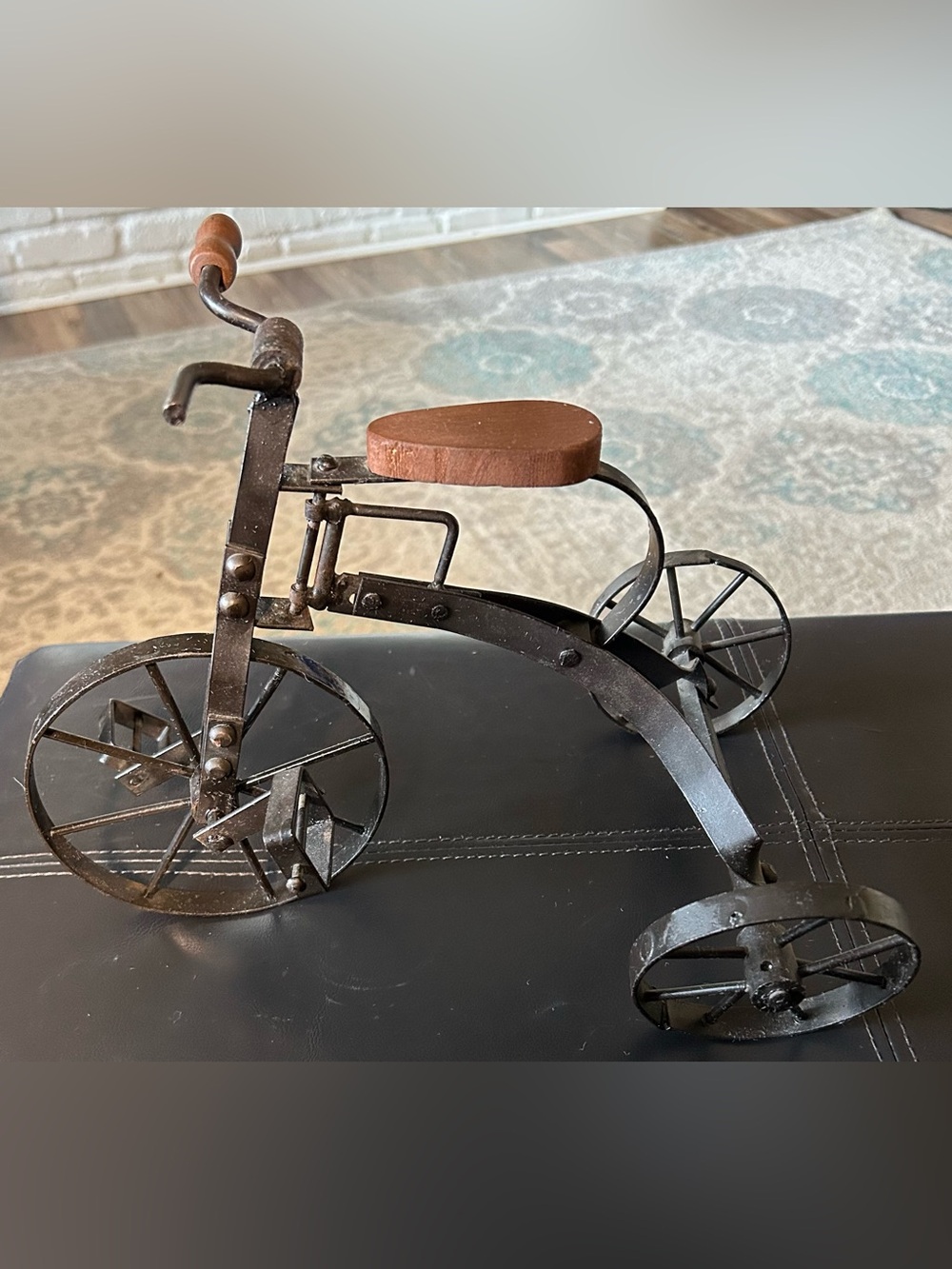 Decorative Metal Tricycle with Wooden Seat - Black and Brown